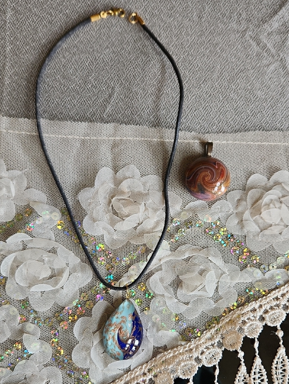 Handmade Teardrop Blue and Turquoise Glass Pendant And Swireled Ceramic Pendant